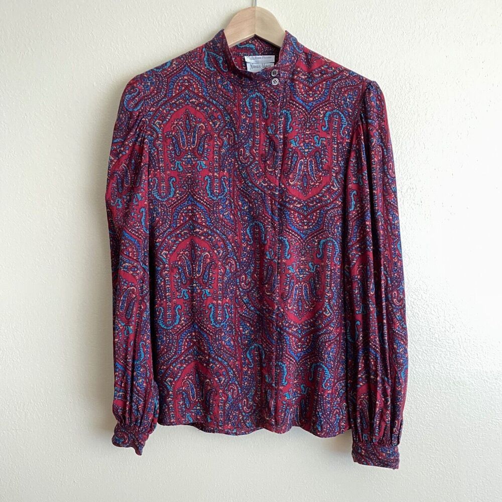 VTG Neiman Marcus Evan-Picone Women's M Blouse Buttons Off Center Paisley Dark